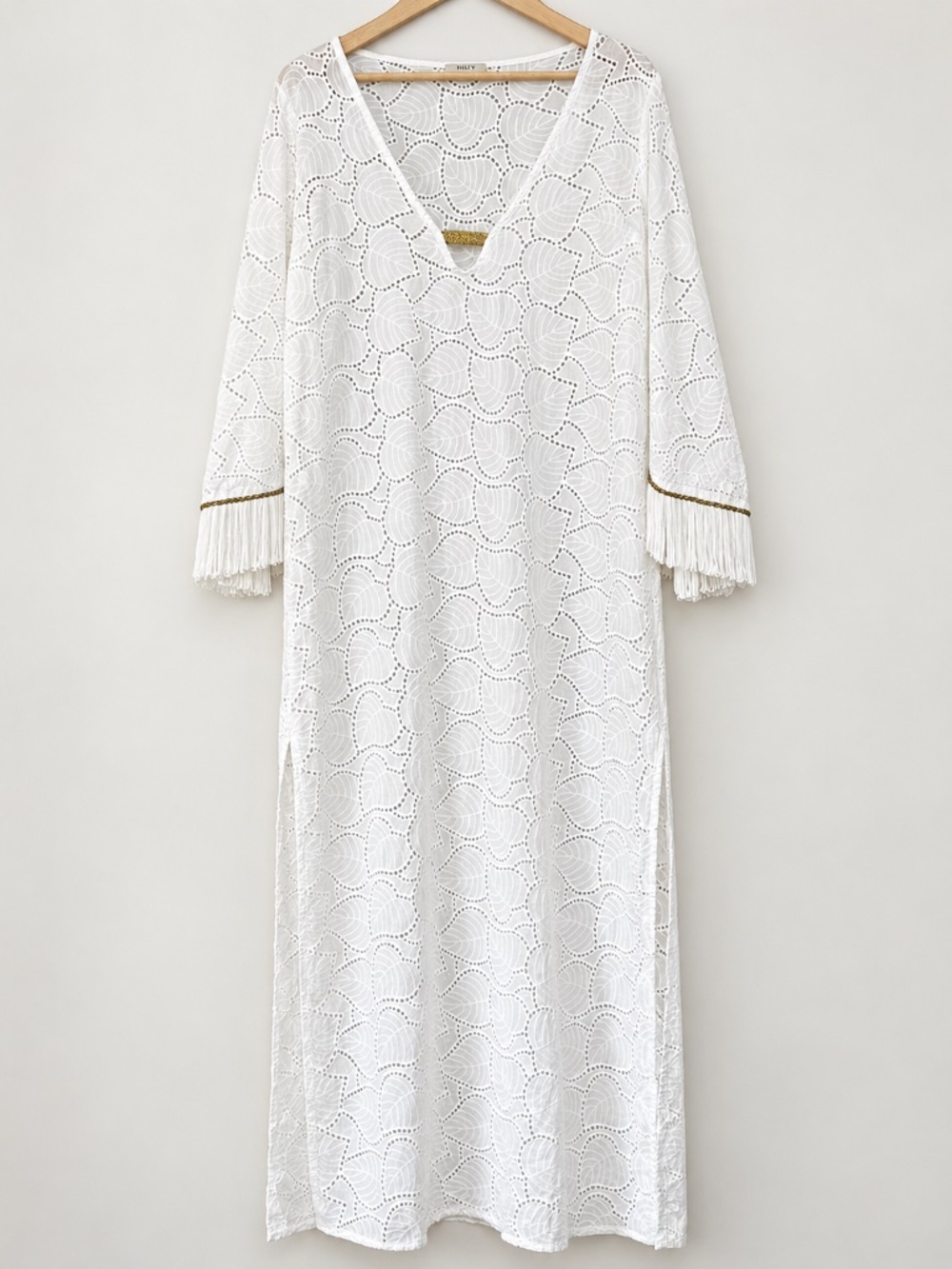 PHO Firenze White Cotton Cutwork Maxi Dress Gold Fringe Medium